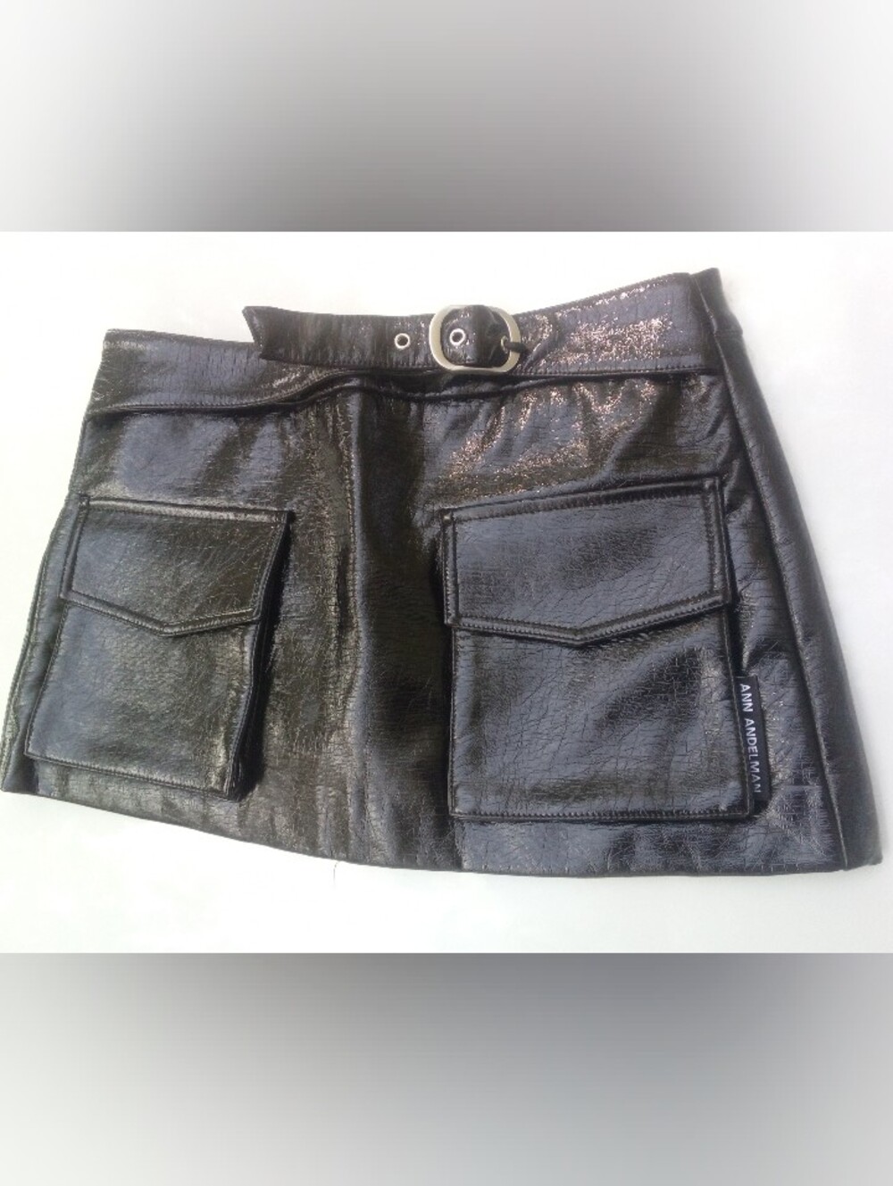 Ann Andelman Cargo Pocket Belted Short Leather Skirt Black